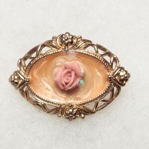 Small Enamel Vintage Brooch w/ Pink Porcelain Rose